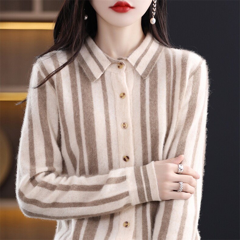 2024秋季新款女POLO领单排扣翻领开衫通勤百搭羊毛衫,女装羊毛衫,朝辰羊绒