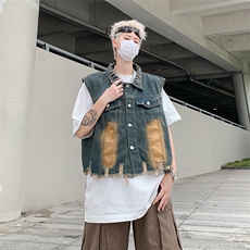 破洞毛边短款牛仔马甲男款水洗无袖坎肩背心美式潮牌工装外套，男装背心/马甲，星座410-7