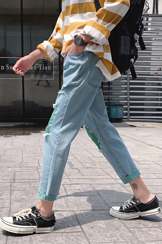 夏季绿色破洞牛仔裤男女韩版舒适休闲裤N/,男装牛仔裤,电商D202