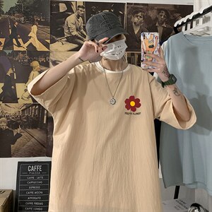 YT26257-P30亚麻短袖t恤男大码五分袖男宽松七分袖海报风，男装T恤，电商A040