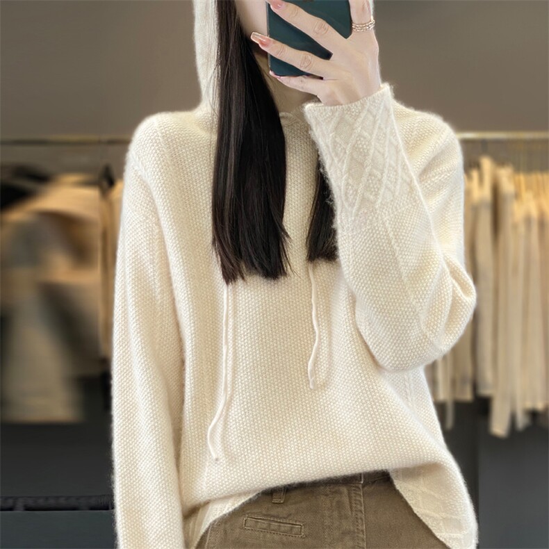 高端山羊绒帽衫女2024秋冬新款宽松连帽毛衣针织打底卫衣外套女,女装羊毛衫,忠诺羊绒