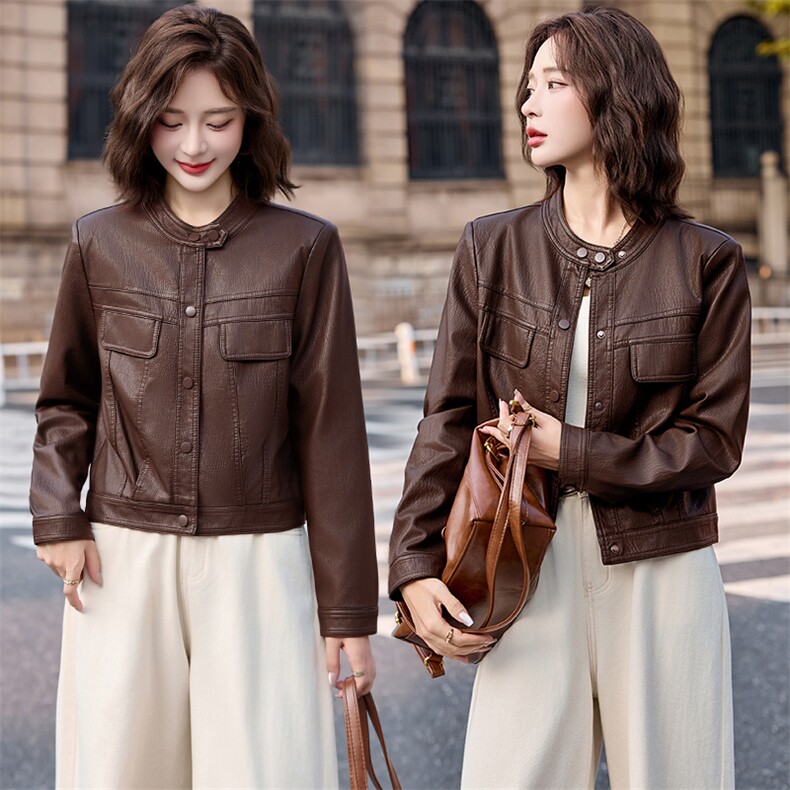 2025秋装新款简约时尚摩登复古皮衣外套，女装皮衣，魅丽静蓝