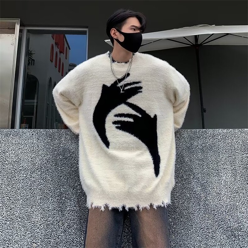 美式抽象圆领毛衣男女秋冬季慵懒风情侣装潮牌宽松针织衫上衣P52,男装针织衫/毛衣,四季星座218-1