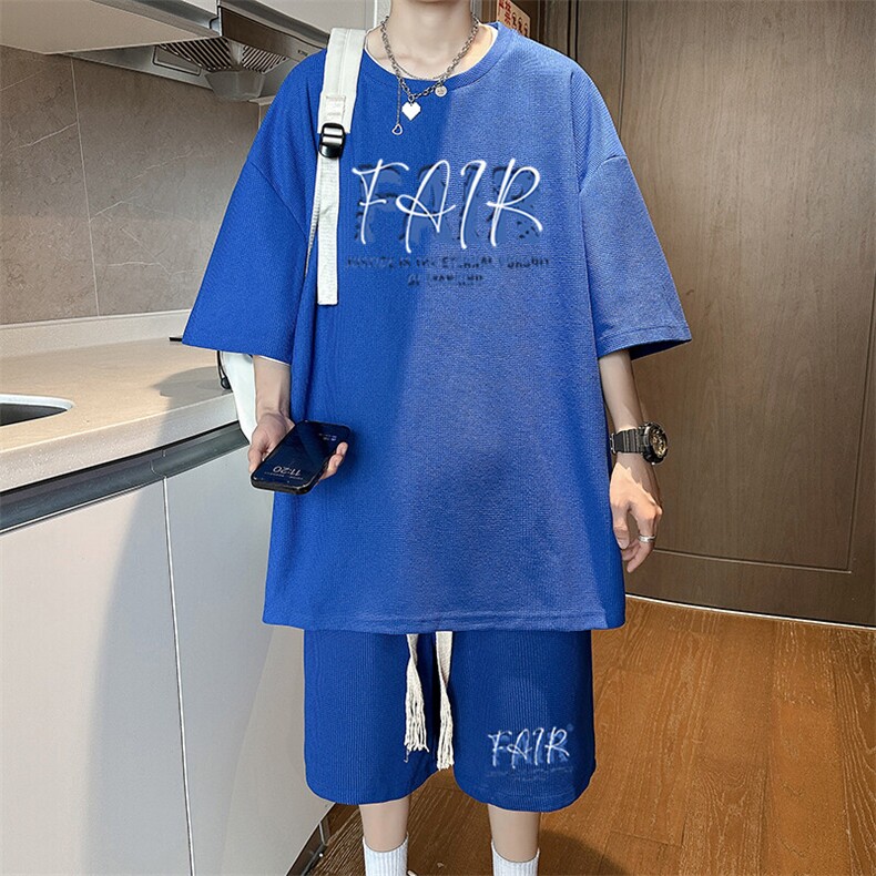 华夫格短袖t恤男士夏季薄款宽松速干休闲套装青少年夏天运动短裤,男装牛仔裤,星座1904A-1