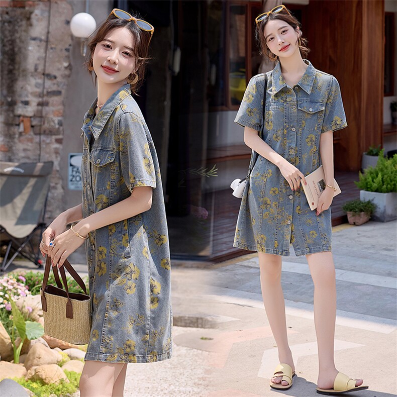 复古港风牛仔连衣裙2025夏新款韩版时髦个性印花休闲宽松减龄裙子，女装牛仔裙，E百度