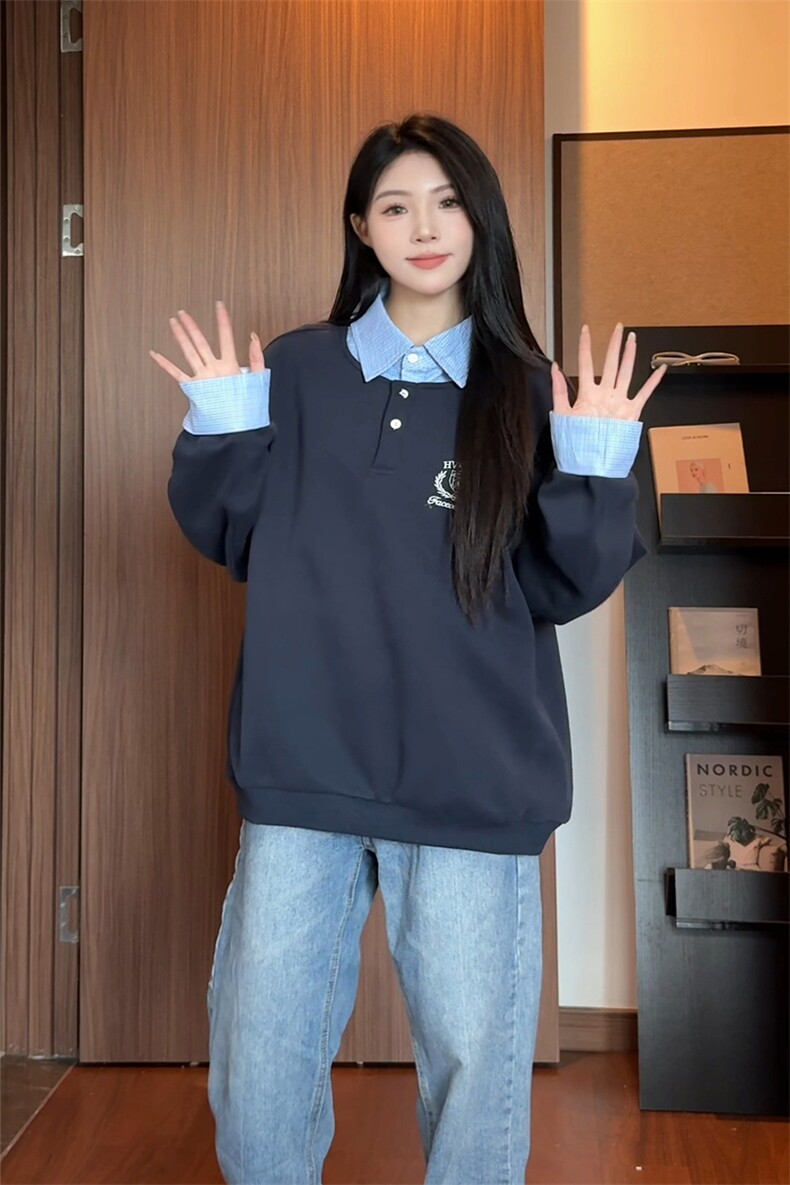 美式学院刺绣翻领假两件卫衣男女cp199-特p55,男装卫衣,电商B371