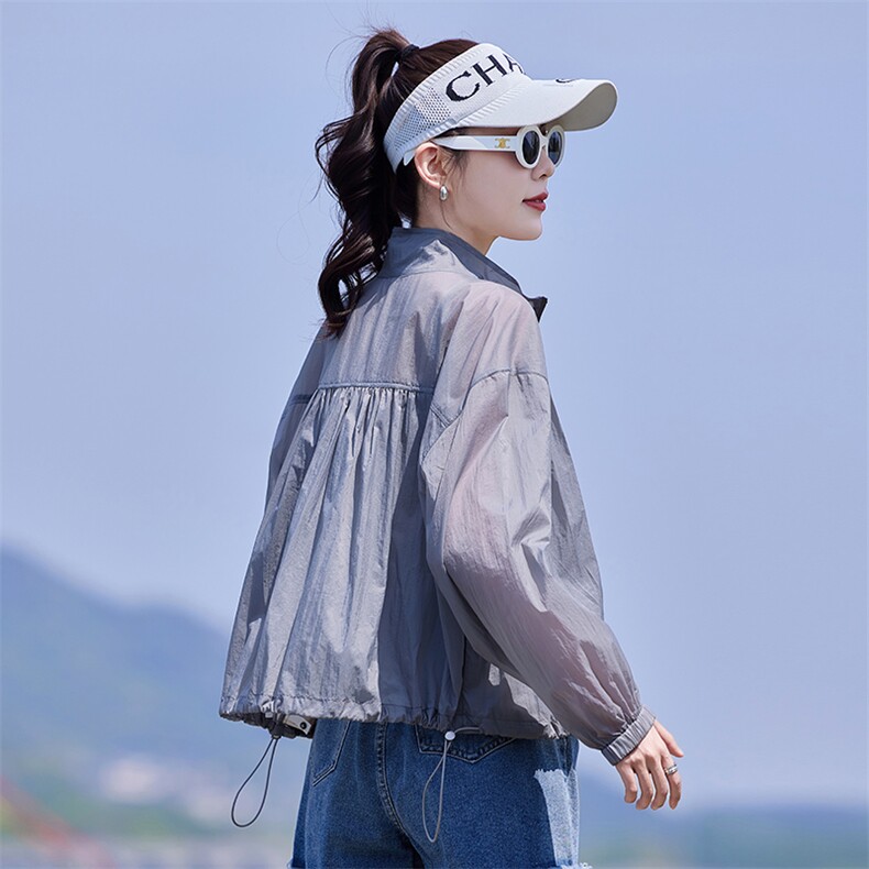 时尚蓝色短款女轻薄小外套夏季新款连帽旅行户外透气长袖薄短外套,女装防晒衣,靓衣阁