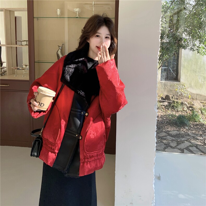 红色羊羔毛领派克羽绒服女2026冬季新款时尚皮毛一体加厚保暖外套,女装羽绒服,2C159