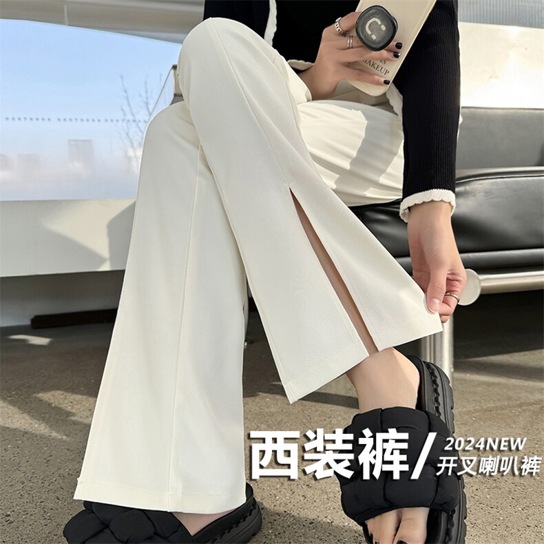 黑色微喇阔腿裤高腰垂感小个子休闲窄版直筒拖地开叉西装裤,女装休闲裤,云美莎专业女裤-全店现货