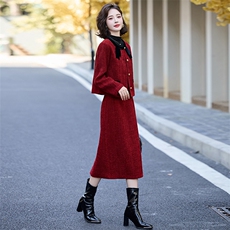 小香风气质套装裙女2024秋冬新款蝴蝶结粗花呢外套半身长裙两件套，女装套装/套裙，奕薇雅