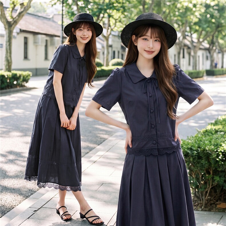 蕾丝拼接娃娃领系带上衣松紧腰半裙学院风套装女,女装套装/套裙,水衣源