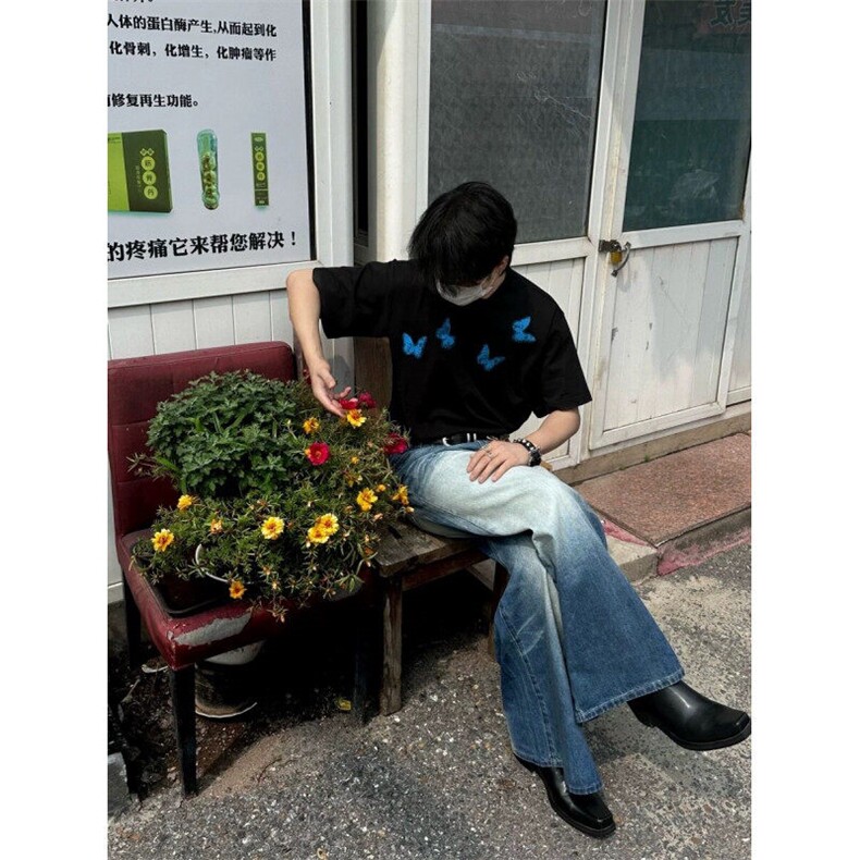 Q157/P32暗黑系蝴蝶印花短袖小众OS宽松欧美纯棉T恤,男装T恤,星座1506