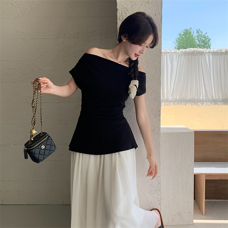 法式纯欲风高级感假两件连衣裙女2025夏季新款露肩掐腰黑白长裙子，女装连衣裙，浙宝220A