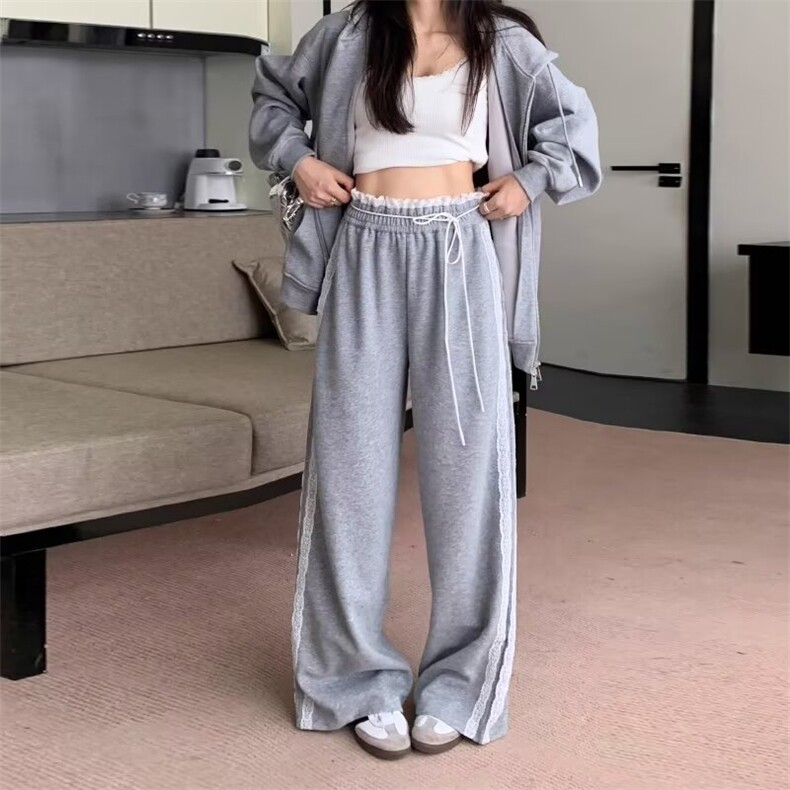蕾丝花边拼接条纹阔腿裤女秋季新款小个子高腰直筒休闲运动裤,女装休闲裤,星座506A