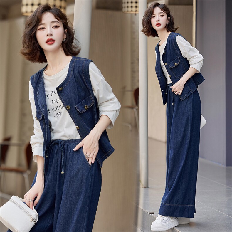 【新款现货】时尚休闲牛仔两件套~2024新款牛仔套装时髦慵懒，女装套装/套裙，慕依路