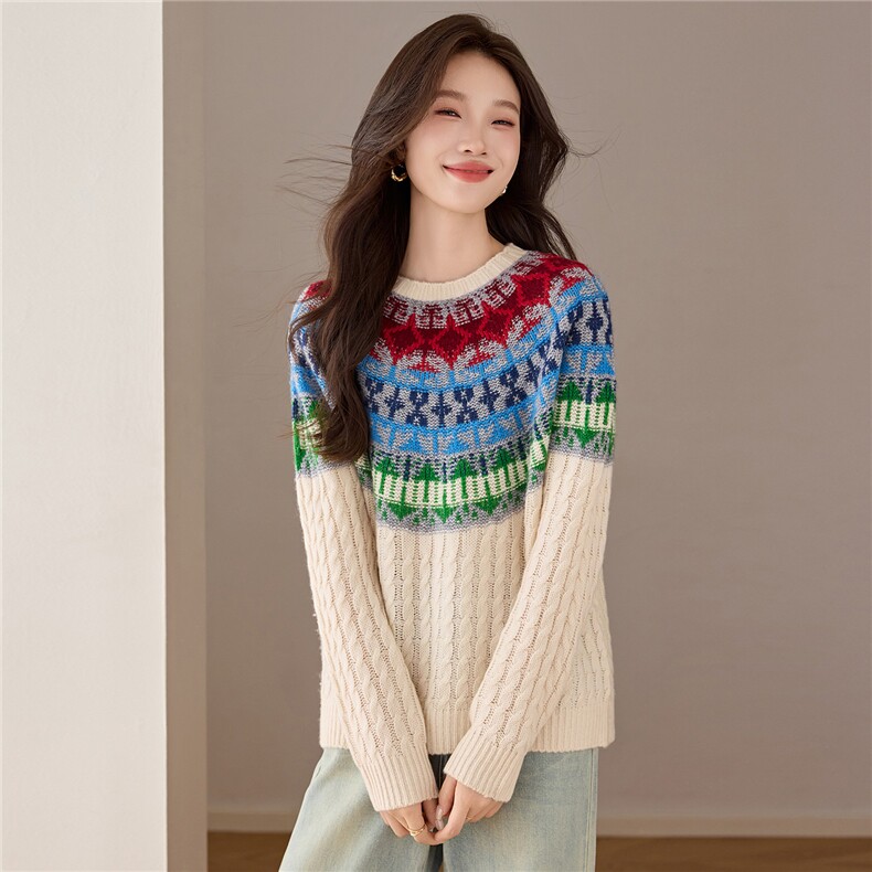 费尔岛提花复古绞花羊毛衫女秋冬外穿2025新款氛围感短款内搭毛衣，女装羊毛衫，艾米