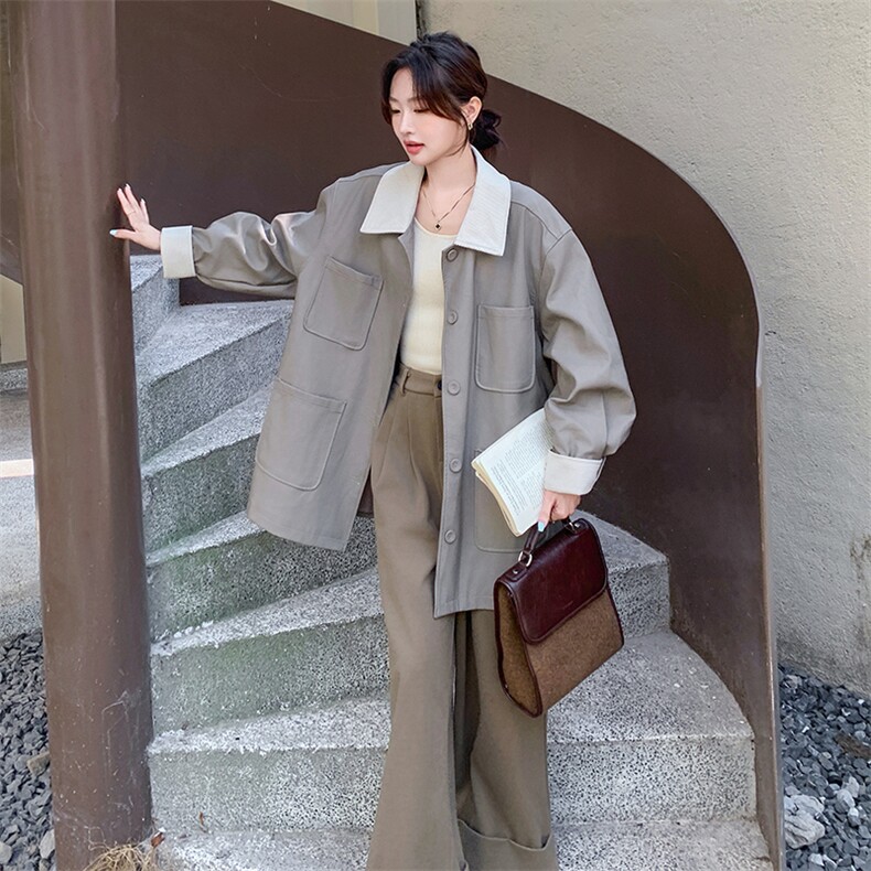 美式复古撞色翻领风衣外套女2025秋季新款小个子休闲时尚工装大衣,女装风衣,2C058