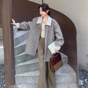 美式复古撞色翻领风衣外套女2025秋季新款小个子休闲时尚工装大衣图片