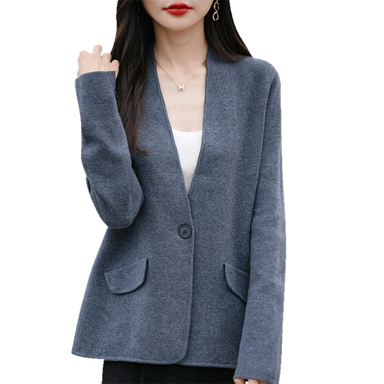 时尚百搭女士羊毛针织开衫简约优雅通勤商务外套,针织衫/毛衣,佳绒包芯纱店