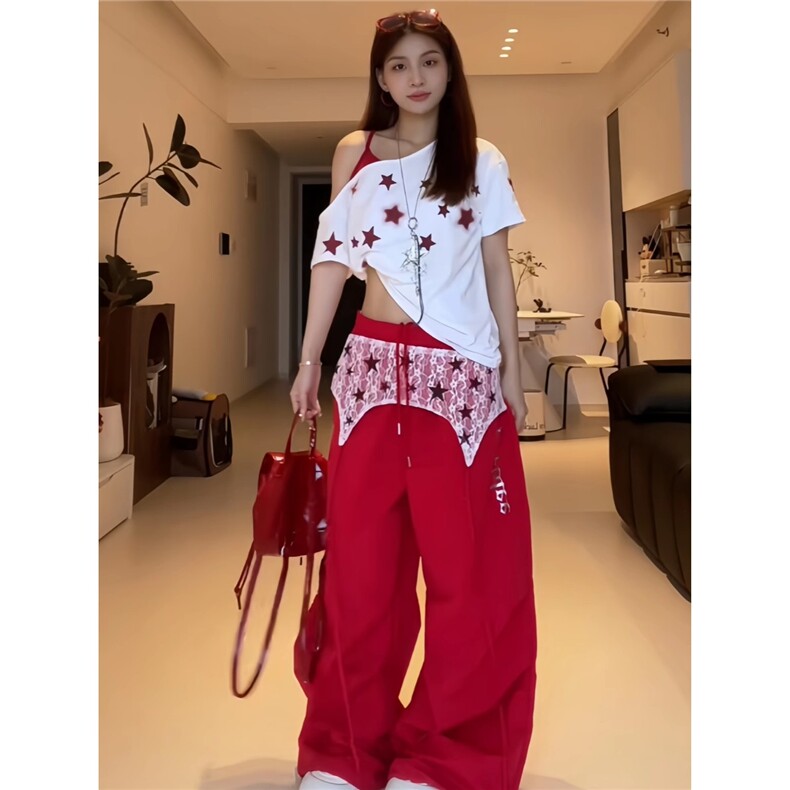 叠穿蕾丝屁帘工装伞兵裤男女设计感小式复古红色裤子宽松阔腿图片