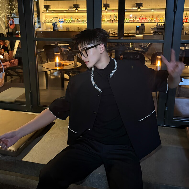 2025夏季韩系小香风垫肩短款珍珠装饰外套轻奢短袖夹克男D03/P110,男装夹克,星座305B