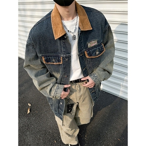美式高质量复古做旧水洗拼接底特律牛仔外套男机车夹克JK1179-P80图片