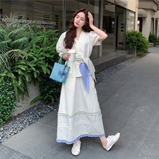 蓝色高级感衬衫套装裙女2025夏季新款巨好看气质绝美半身裙两件套，女装套装/套裙，慧尚依恋