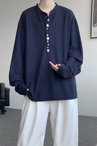 8XL-M 慵懒肌理感华夫格廓形云母贝纽扣长袖T恤打底长袖CX3006P48图片