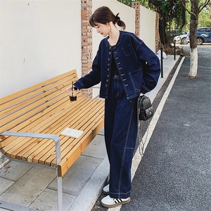 超火ootd穿搭松弛感牛仔套装女2025春季新款韩系减龄阔腿裤两件套图片