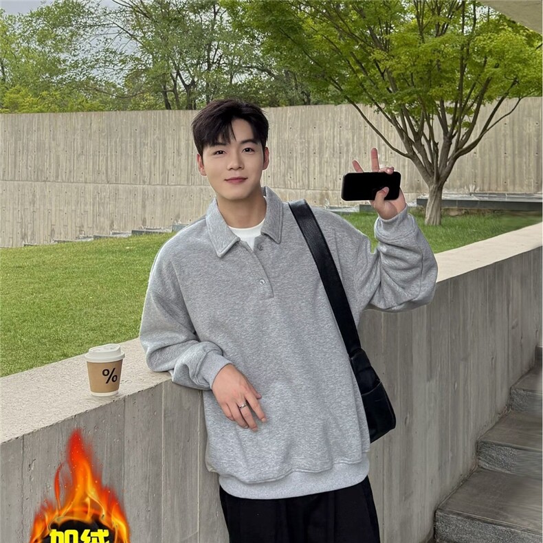 日系简约高级感POLO衫加绒卫衣宽松复古慵懒氛围感翻领长袖上衣，男装Polo衫，星座506A