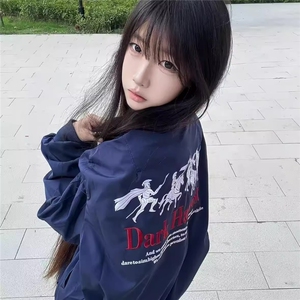 美式高街复古刺绣翻领飞行员夹克男女宽松百搭潮情侣外套棒球服图片