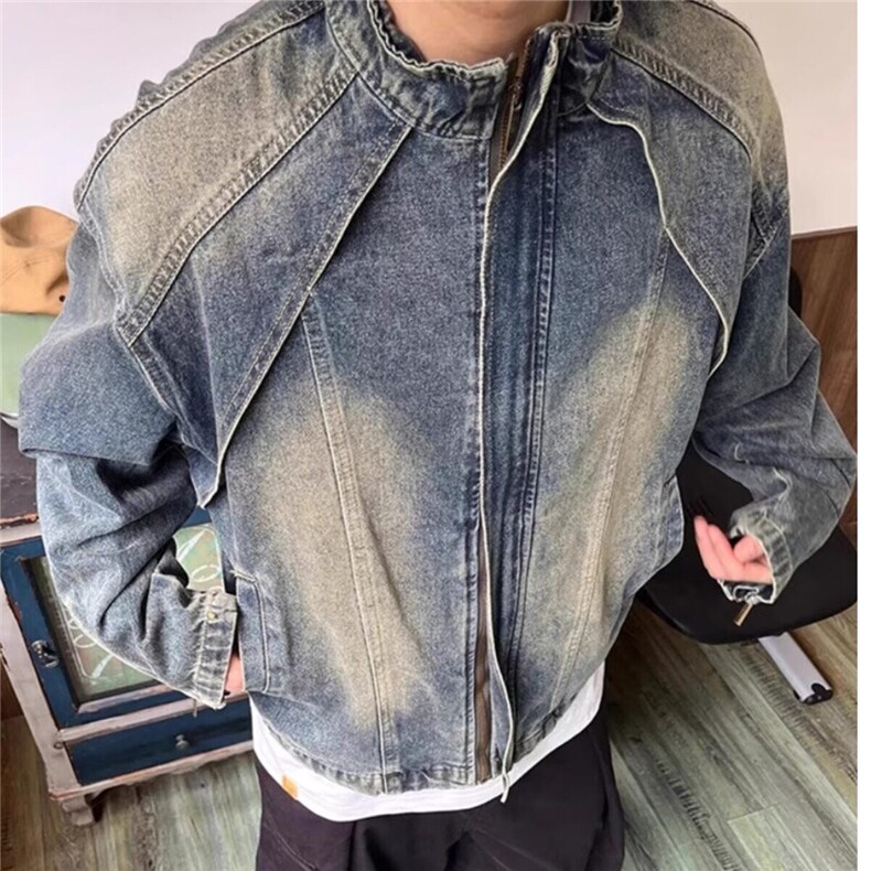 复古水洗黄泥染蓝立领牛仔夹克男痞帅宽松外套网图JK2813-P78有货,男装夹克,星座302B