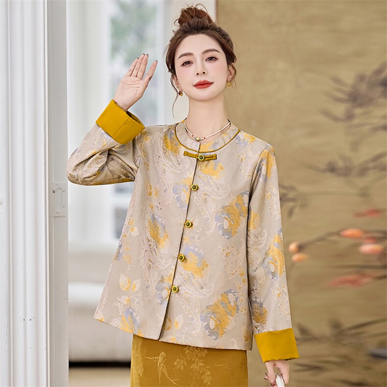 闺舍2025春季新款新中式国风宋锦金线提花真丝盘扣外套女立领撞色,女装短外套,衣之秀
