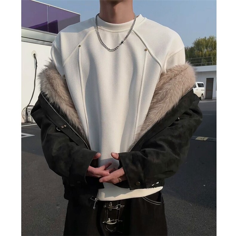 【现货2万件】肌理设计感银狐绒加绒圆领卫衣特P3878，男装卫衣，星座808B