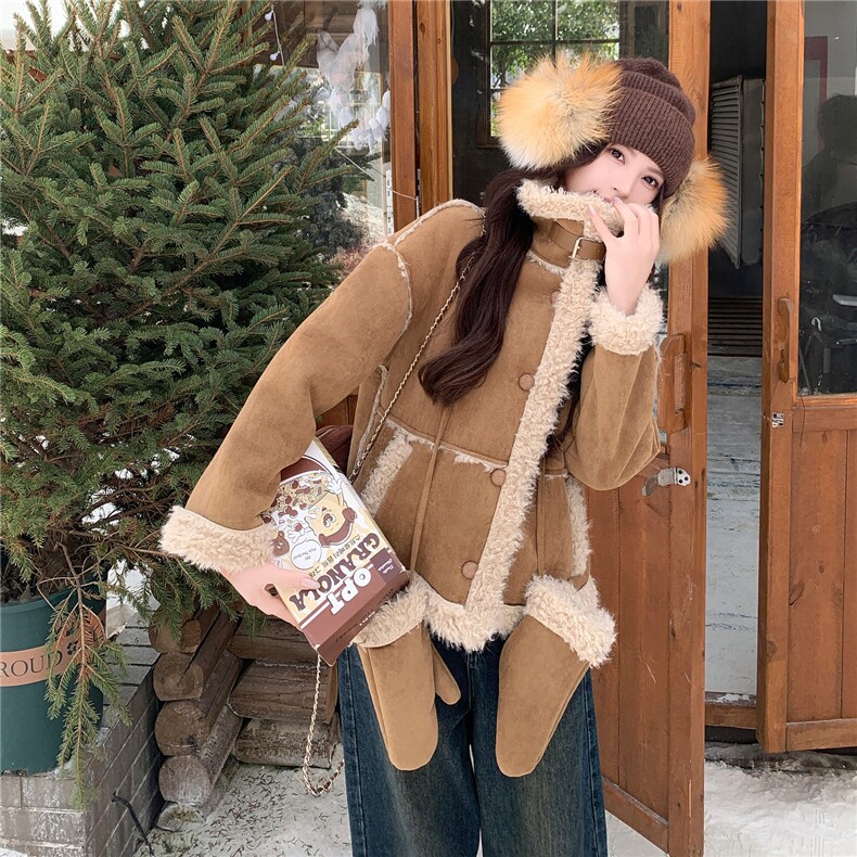 2025冬季新款皮毛一体配小手套休闲外套现货，女装羊羔毛/颗粒绒，乐吉娜