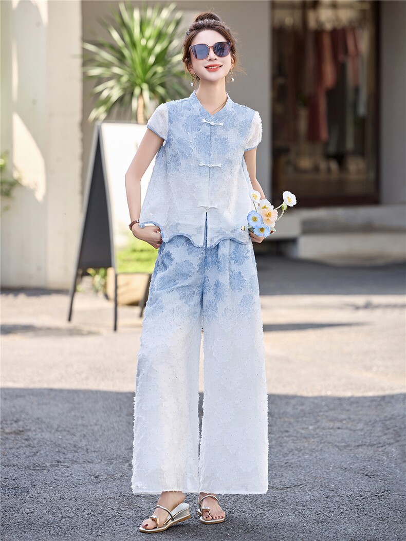 新中式国风套装女2025夏新款贵气高级松弛感气质阔腿裤穿搭一整套,女装套装/套裙,伊仟回
