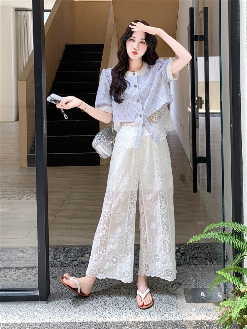 设计感小众时尚蕾丝套装女2025夏季新款短款衬衫高腰阔腿裤两件套,女装套装/套裙,2C032