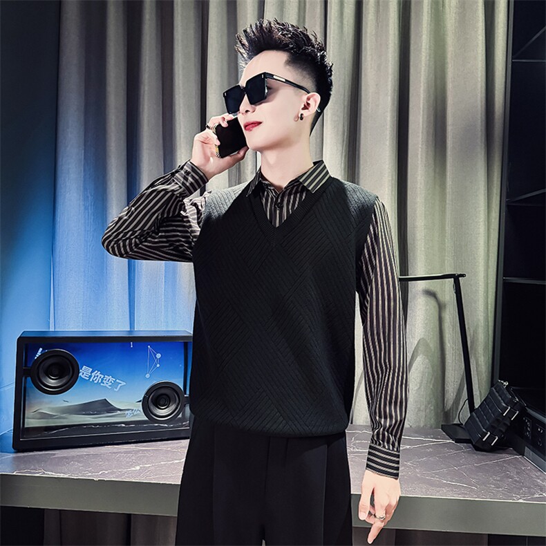 CM8803-P88控128假两件毛衣男潮流条纹衬衫领拼接V领针织衫,男装针织衫/毛衣,电商A368
