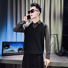 CM8803-P88控128假两件毛衣男潮流条纹衬衫领拼接V领针织衫，男装针织衫/毛衣，电商A368