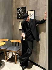 那不勒斯西服男英伦雅痞男装高级感美式垫肩黑色外套RF010-P75，男装西服，星座1005-6