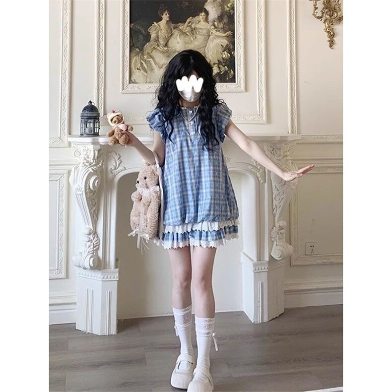 小熊乐园小个子超可爱格子小飞袖连衣裙女宽松甜美显瘦公主短裙,女装连衣裙,星座506A