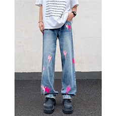 美式复古条纹牛仔裤夏季街头多口袋高腰直筒宽松阔腿裤，男装牛仔裤，星座716-3