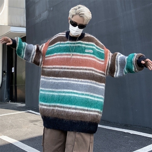 秋款男圆领套头毛衣扎染条纹拼色针织衫贴标外套M222 P50图片