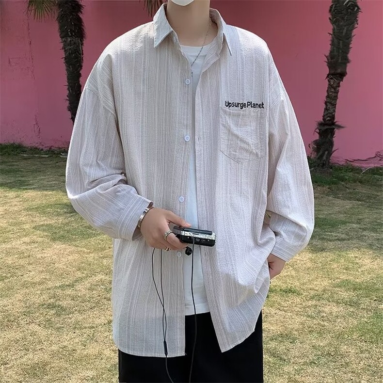 简约潮夏季文艺标准青春流行潮流慵懒翻领男时尚长袖日系衬衫图片