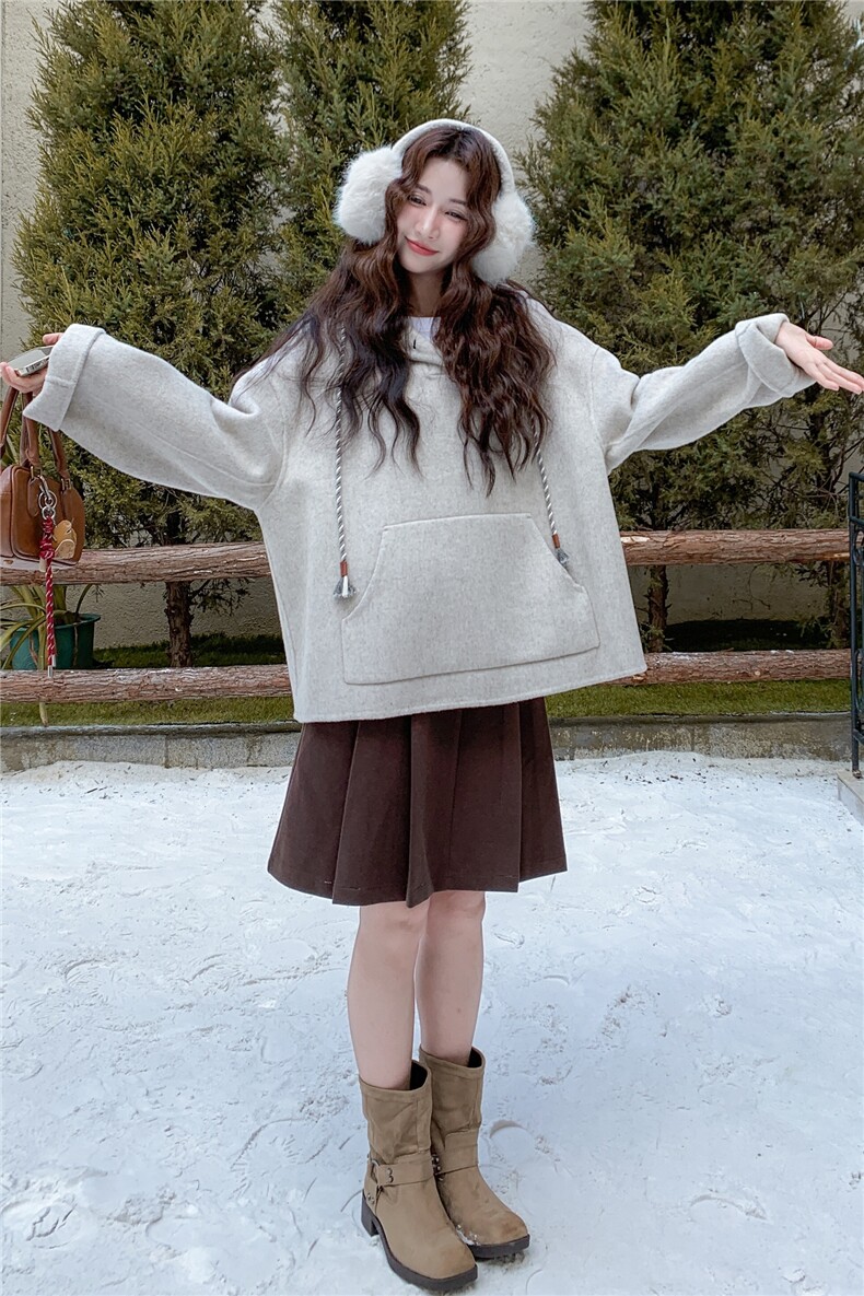 慵懒风套头连帽超好看卫衣女2025年冬季新款韩版减龄显瘦呢子大衣,女装毛呢外套,2C028