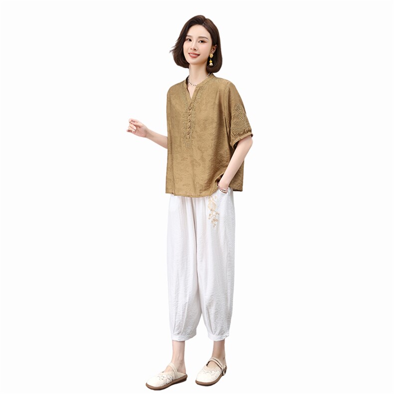 高端套装女2025夏装新中式天丝麻小衫文艺气质复古妈妈棉麻两件套,女装套装/套裙,凝聚力