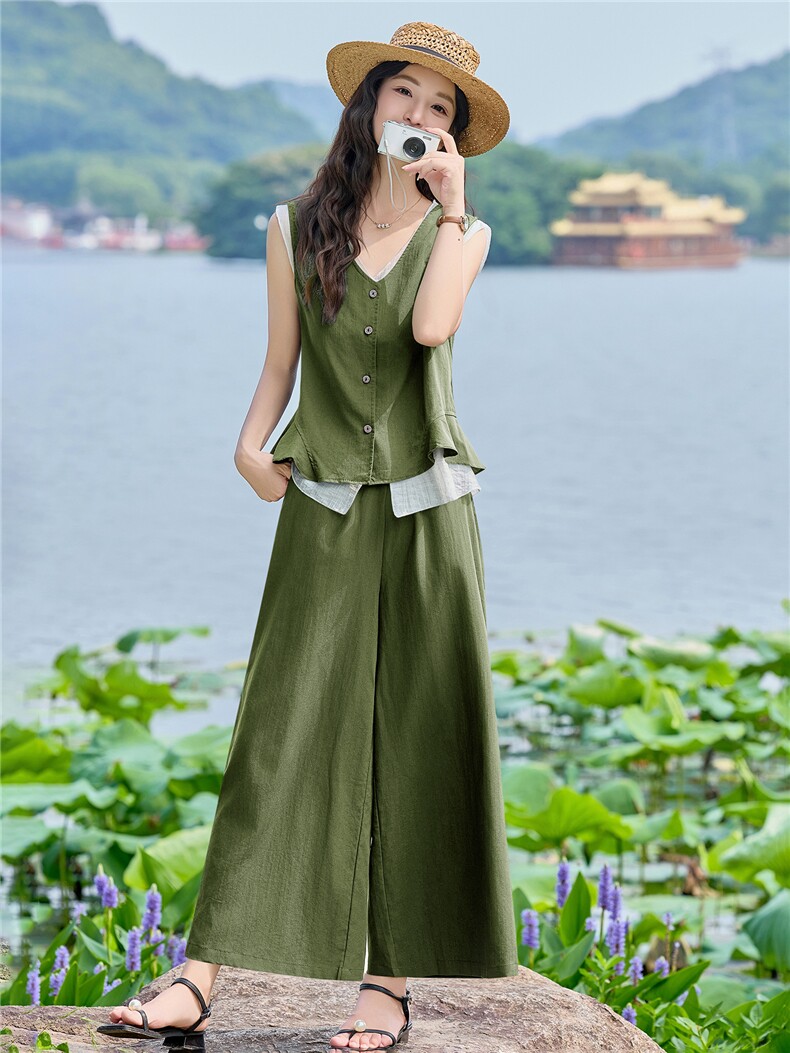 现货2026夏季时尚潮流天丝亚麻老钱风马甲三件套加阔腿裤套装,女装套装/套裙,兰菲阁