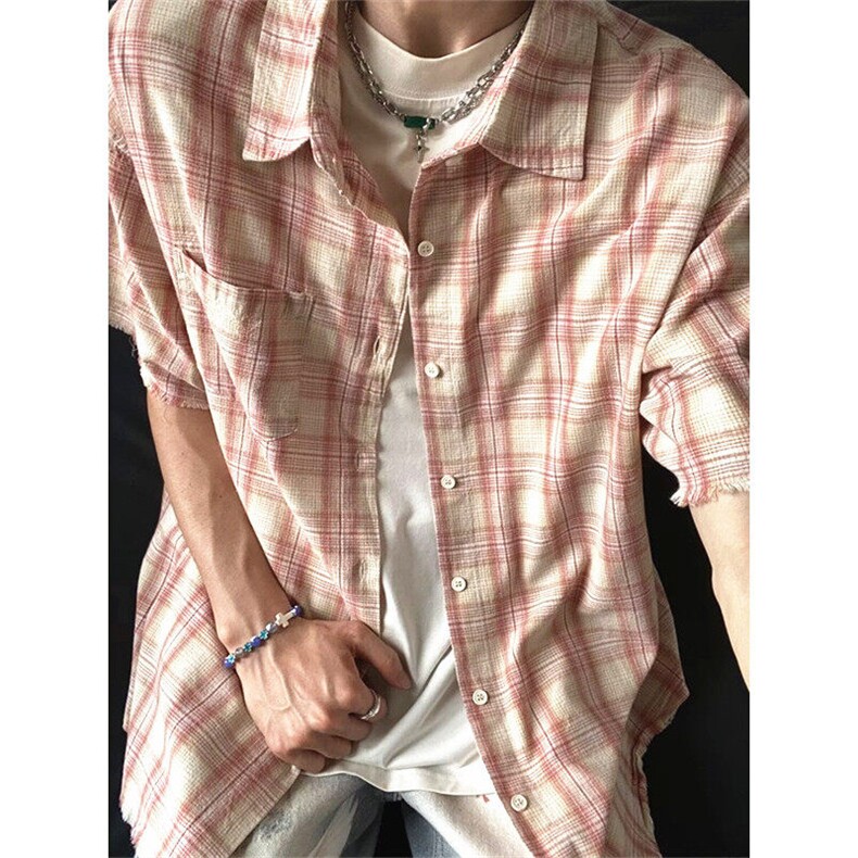 美式复古粉色格子衬衫短袖阳光干净男生穿搭夏季薄款格纹衬衣外套,男装防晒衣,星座1116A（原606A-3）