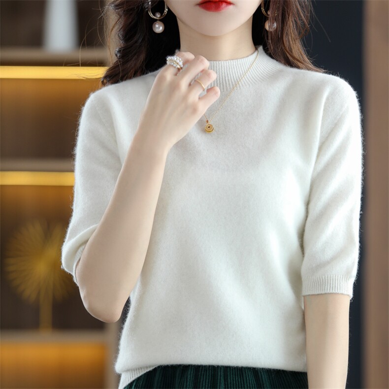100%纯羊毛衫女半高领五分袖纯色短袖女针织衫中袖羊绒打底衫上衣,女装羊毛衫,片语羊绒