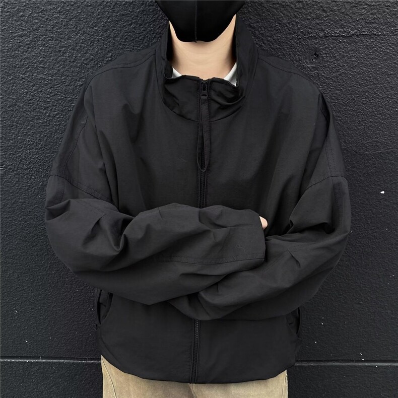 日系男装春秋复古纯色日潮少年感立领弯刀袖宽松情侣夹克外套男，男装夹克，星座506A